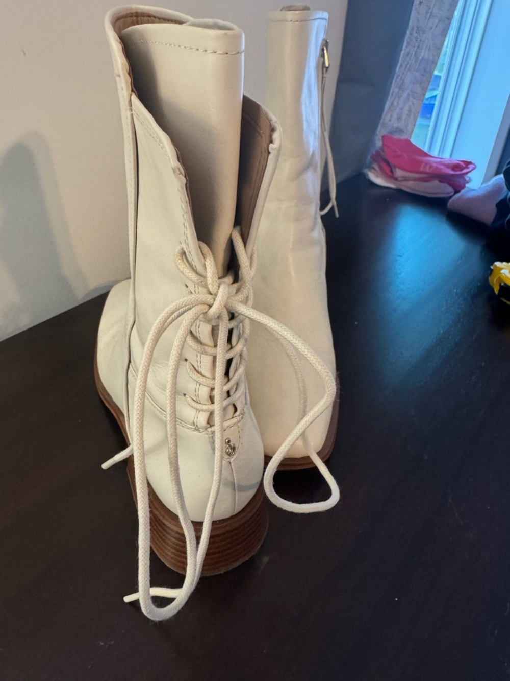 Sam Edelman Cream Lace-Up Mid-Calf Leather Boots - Picture 2 of 7